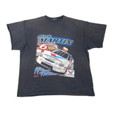 A faded black short-sleeve graphic t-shirt featuring Mark Martin and his 'Night Train' NASCAR race car, laid flat on a white background.