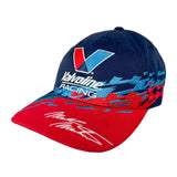 A Valvoline Racing baseball cap featuring a navy blue crown with embroidered red and blue graphics, a red brim with a white signature, and the Valvoline Racing logo on the front.