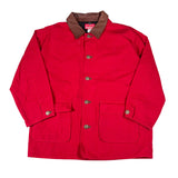 Red jacket with brown collar on a white background