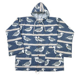 Blue jacket with seagull pattern on a white background