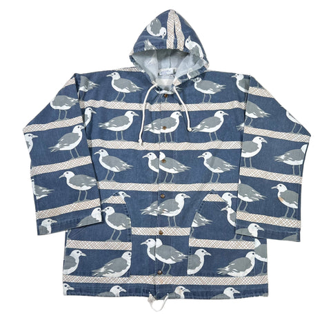 Blue jacket with seagull pattern on a white background