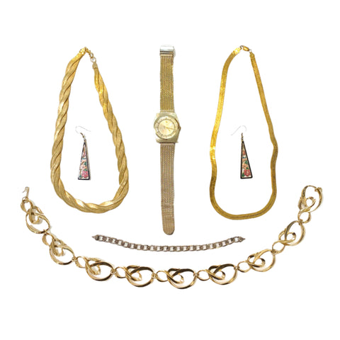 Vintage 90's Mixed Jewelry Lot w/ Elgin Swiss Watch, Necklaces & Earrings