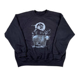 Black sweatshirt with a graphic of a person and bear on a white background