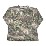 A long-sleeve crewneck shirt with an all-over woodland camouflage pattern, laid flat on a white background.