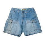Light blue denim cargo shorts with a faded wash, featuring a button fly, belt loops, and large flap cargo pockets on the sides, laid flat on a white background.