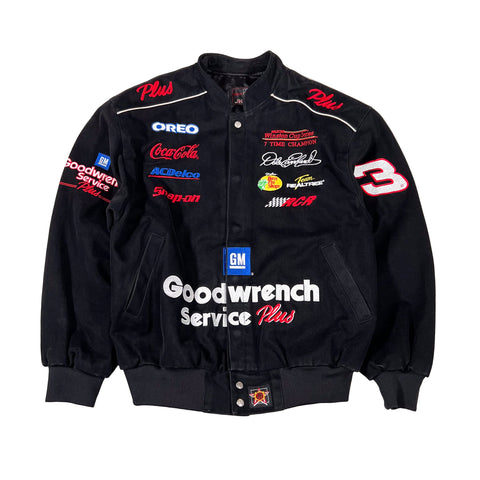 Black jacket with various logos on a white background