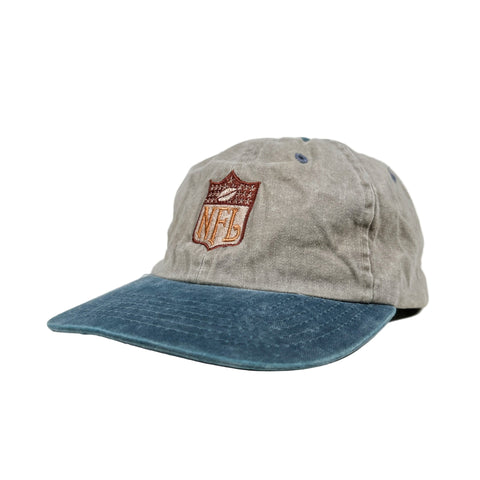 Gray and blue cap with an embroidered logo on a white background