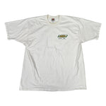 White t-shirt with a logo on a white background