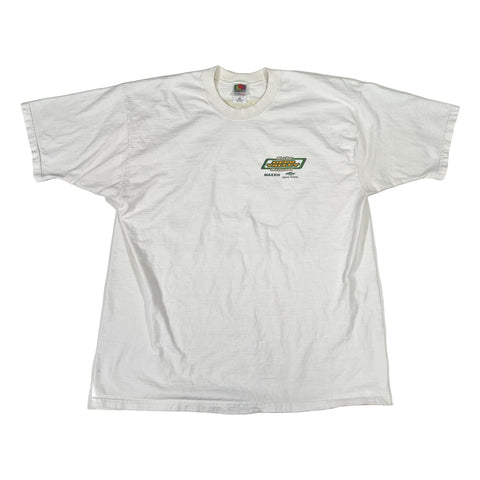 White t-shirt with a logo on a white background