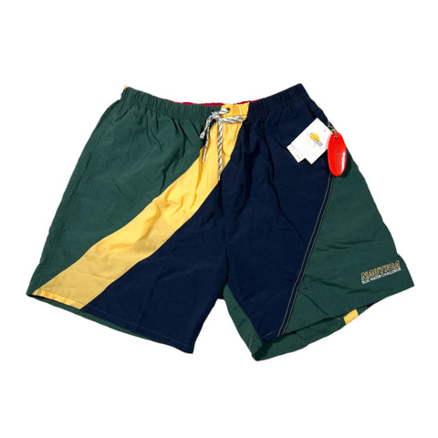 Color-blocked shorts with a visible brand tag on a white background