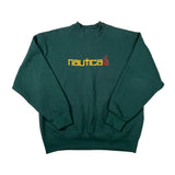 A dark green crewneck sweatshirt with 'nautica' printed across the chest in yellow and red, laid flat on a white background.