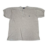 Gray polo shirt with a small logo on a white background