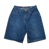 A pair of vintage Nautica blue denim shorts laid flat on a white background.