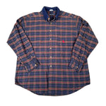 Blue plaid shirt with a brand logo on a white background