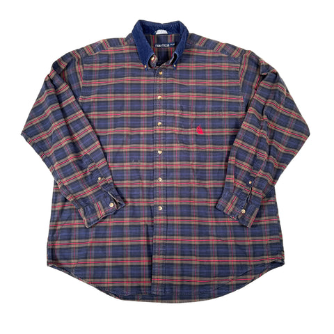 Blue plaid shirt with a brand logo on a white background