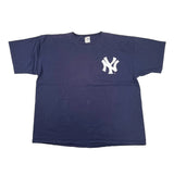 Navy blue t-shirt with a white logo on a white background