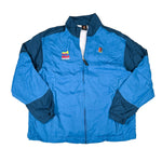 Blue jacket with logos on a white background