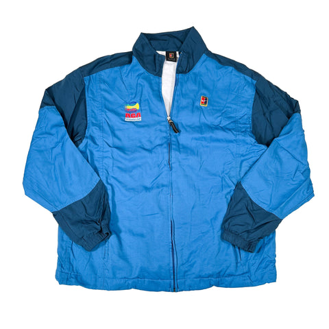 Blue jacket with logos on a white background