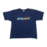 Navy blue t-shirt with colorful graphic on a white background