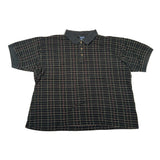 A short-sleeve polo shirt laid flat on a white background, featuring a black base with a thin tan grid pattern and a solid black collar and sleeve cuffs.