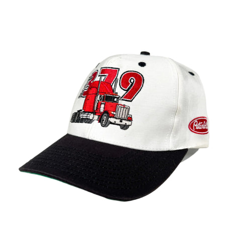 White cap with red truck design and black brim on a white background