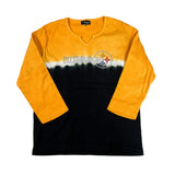 Long-sleeve shirt with yellow sleeves and black body, featuring a logo on a white background