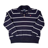 Navy blue and white striped dog sweater on a white background