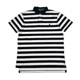 Black and white striped polo shirt on a white background