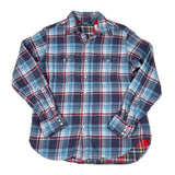 Plaid shirt with blue, red, and white pattern on a white background