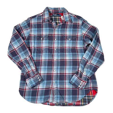 Plaid shirt with blue, red, and white pattern on a white background