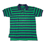 Green and navy striped polo shirt on a white background