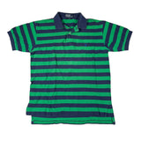 Green and navy striped polo shirt on a white background