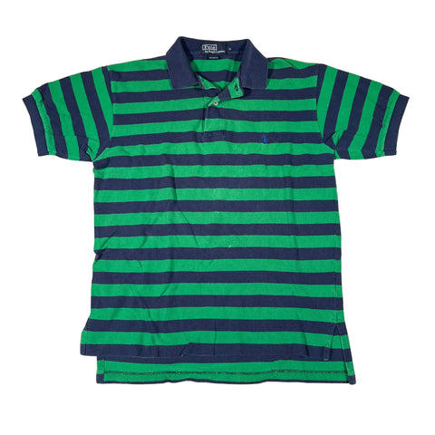 Green and navy striped polo shirt on a white background