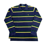 Navy and green striped long-sleeve polo shirt with yellow accents on a white background
