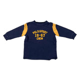 A navy blue long-sleeve t-shirt with yellow graphic text reading 'POLO SPORT 19-67 CREW' on the chest and yellow shoulder panels, laid flat on a white background.