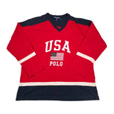 Red long-sleeve shirt with 'USA Polo' branding on a white background