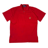 Red polo shirt with a logo on a white background