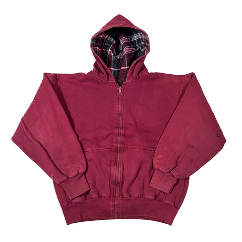 Maroon hoodie with plaid lining on a white background