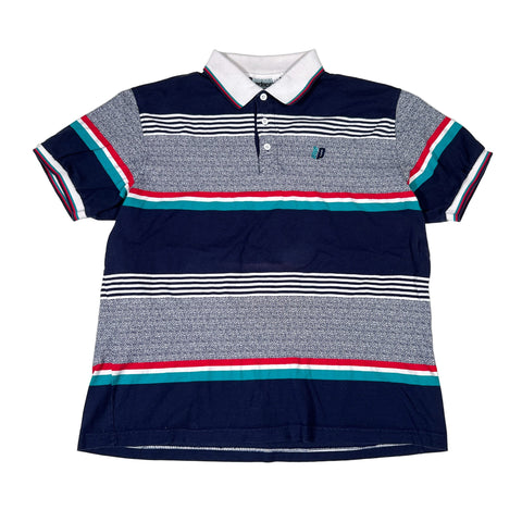 Striped polo shirt with a brand logo on a white background