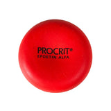 A round red plastic vial cap with black printed text reading 'PROCRIT EPOETIN ALFA' on a white textured background.