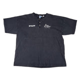 Black henley shirt with 'STAFF' and 'Pine Prong' text on a white background
