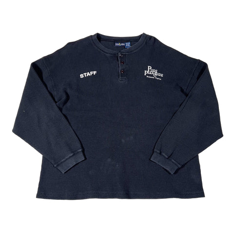 Navy long-sleeve shirt with 'STAFF' and 'Pine Plains' text on a white background