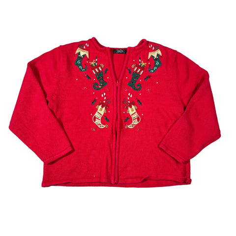 Red hoodie with festive designs on a white background