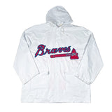 White jacket with red and blue logo on a white background