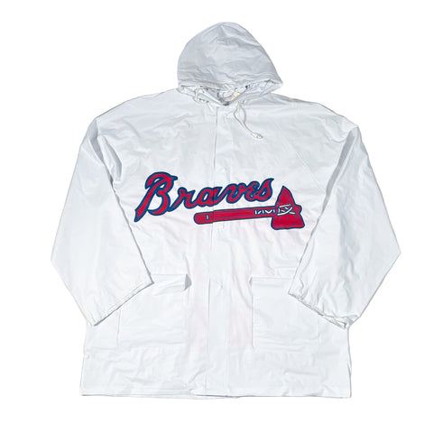 White jacket with red and blue logo on a white background