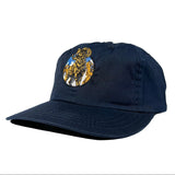 Navy blue cap with embroidered design on a white background