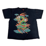 Black t-shirt with a colorful dragon design on a white background
