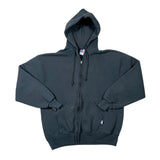 A dark charcoal gray zip-up hoodie with drawstrings and a small embroidered logo on the left chest, laid flat on a white background.