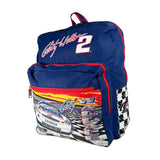 A blue and red Daytona 500 themed backpack featuring Charly Wallace graphics, a number 2, a race car, and a checkered side panel, photographed on a light gray background.