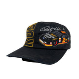 Black cap with race car design and text on a white background